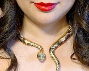 Goldtone Snake Serpent Oversize Statement Halloween Costume Necklace Choker Collar Necklace Jewelry A315