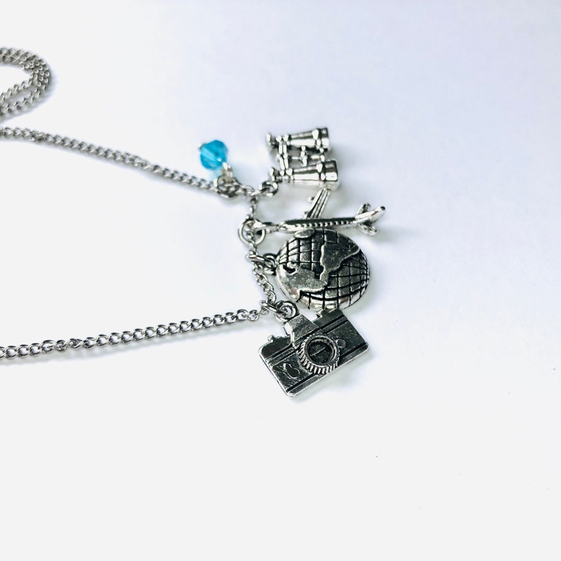 Blue Crystal Charms Globe Camera Personalized Silver-tone Airplane Binoculars Initial Necklace Custom Charm Travel Lover Gift A1606