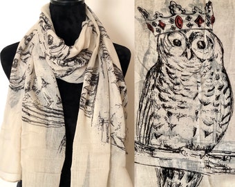 Off White Adorable Owls Owl with Crown and without Crown Lightweight Scarf Scarves Women Spring,Fall and Winter Fashion Decorate Scarf