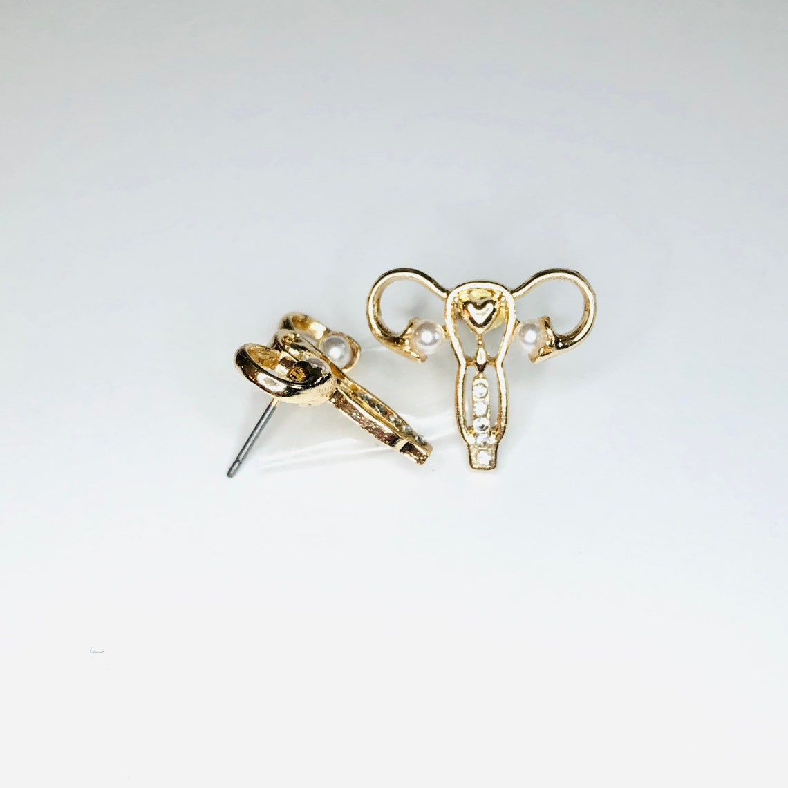Goldtone Rhinestone & Faux Pearl Uterus Post Stud Earrings Etsy