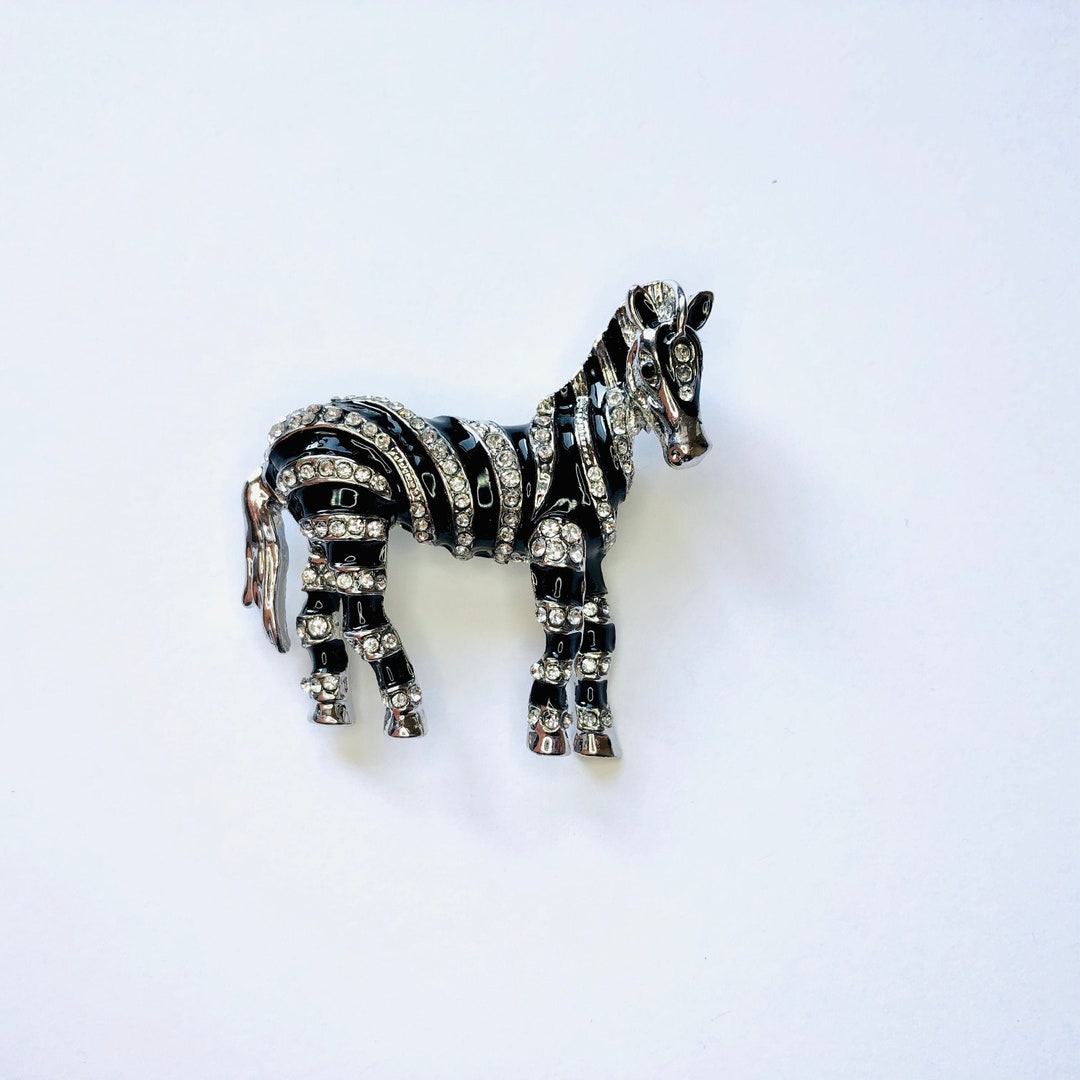Zebra Rhinestones Adorable Silver-tone Black and White Zebra Rhinestone Enamel Horse ...