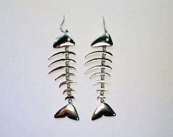 Large Silver-tone Fish Bone Earrings Dangle Drop Fish Skeleton Beach Sand Sun Summer Jewelry A1539