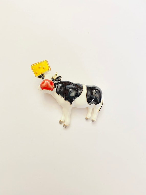 Gold-tone White and Black Enamel Cow with Cheese … - image 1