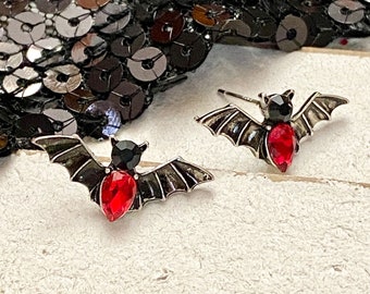 Black Bat with Red Rhinestone Post Stud Earrings Halloween Eerie Spooky Gift Jewelry