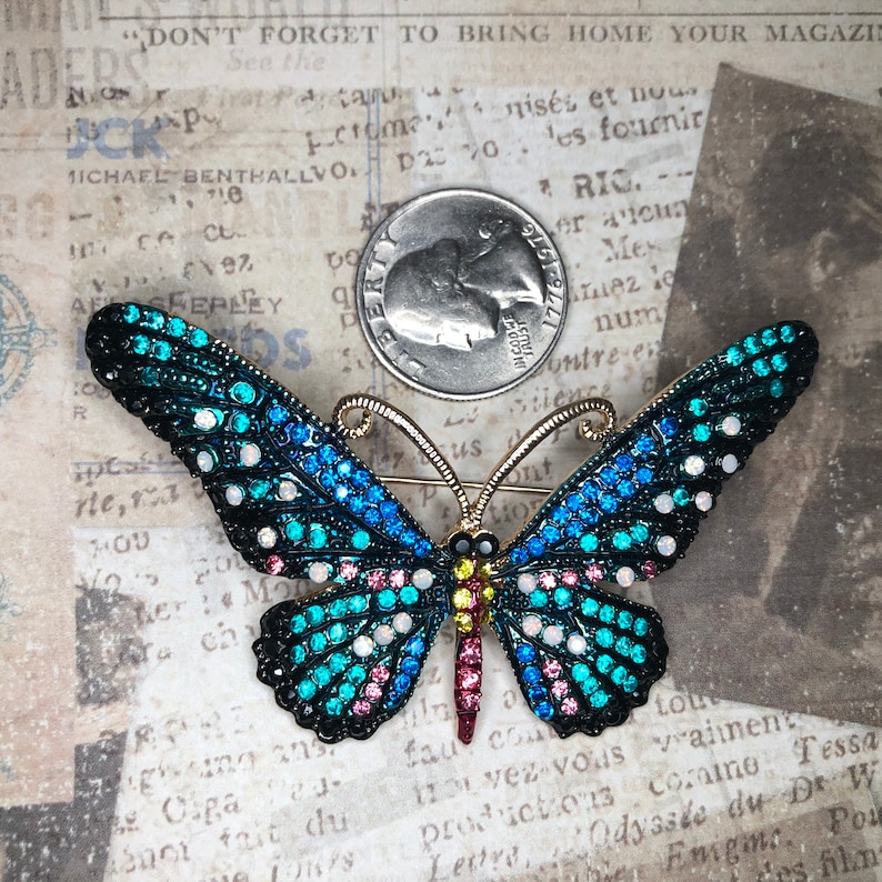 Large Statement Blue Rhinestone Butterfly Brooch Pin A155