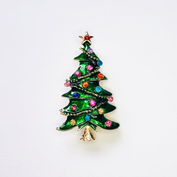 Green Enamel and Colorful Rhinestone Christmas Ho… - image 1