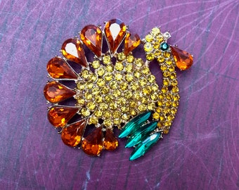 Vintage Zipper Turkey Brooch Fall Colors with Vintage Button  Rhinestones Center