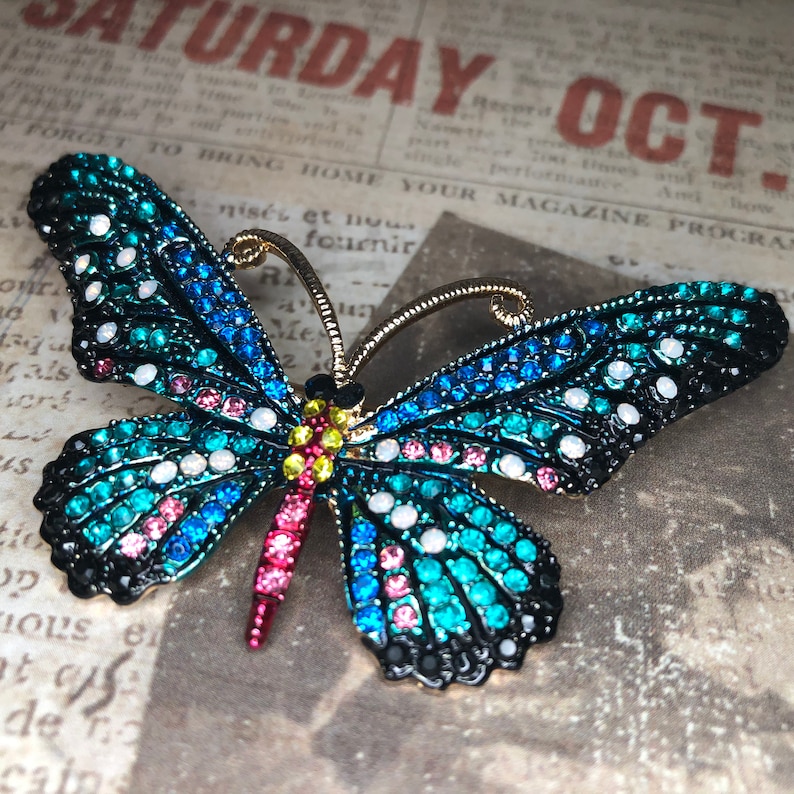 Large Statement Blue Rhinestone Butterfly Brooch Pin A155