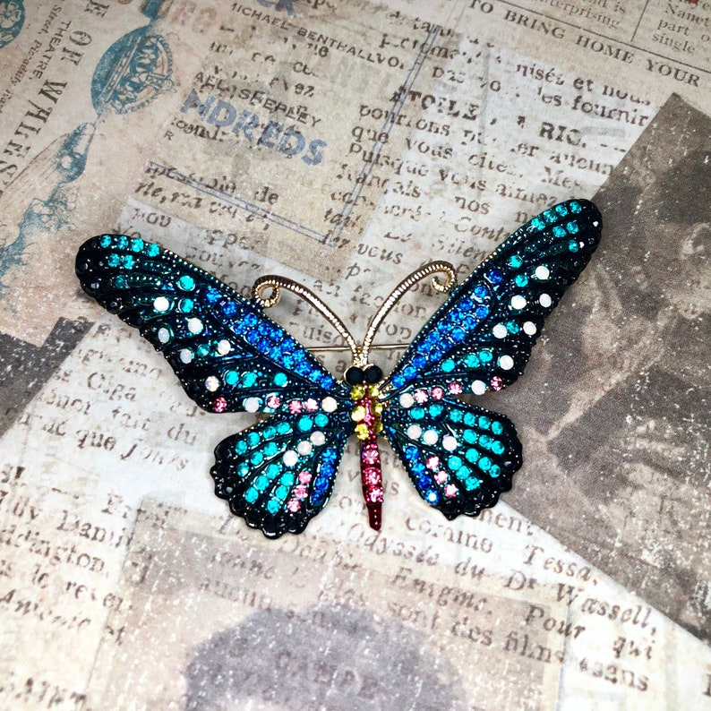 Large Statement Blue Rhinestone Butterfly Brooch Pin A155
