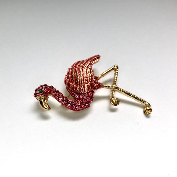 Pink Flamingo Enamel Rhinestone Animal Brooch Lap… - image 2