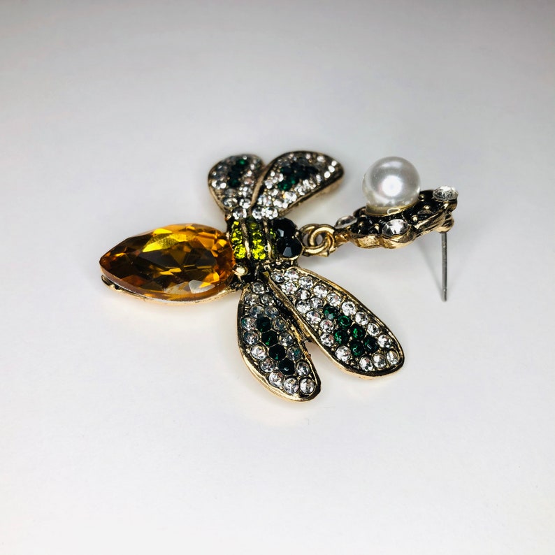 Cute Yellow Crystal Faux Pearl Bee Rhinestones Dangle Drop Statement Stud Post Earrings Jewelry Gift A1422