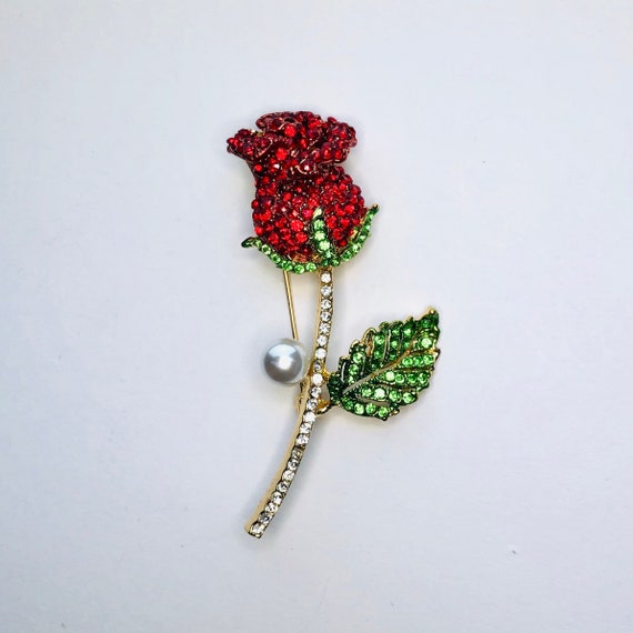 Large Red Rhinestone Rose Faux Pearl Flower Flora… - image 1