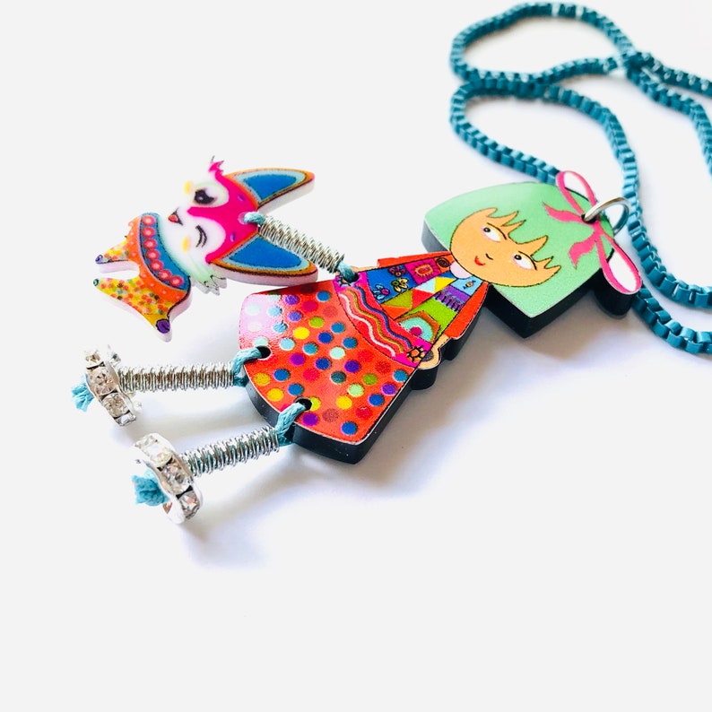 Oversize Artsy Green Hair Fashion Girl with Pet Fox Cartoon Statement Colorful Fun Kitsch Creative Artsy Thick Acrylic Statement Necklace