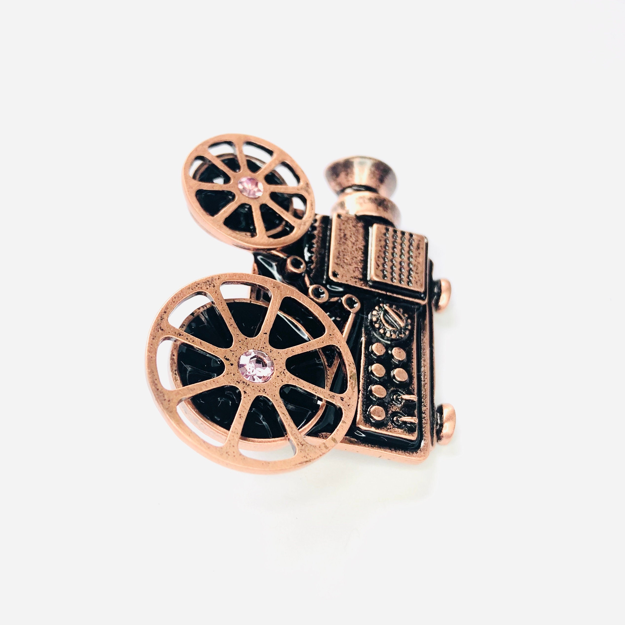 Copper-tone Enamel Rhinestone Vintage Movie Projector Reel