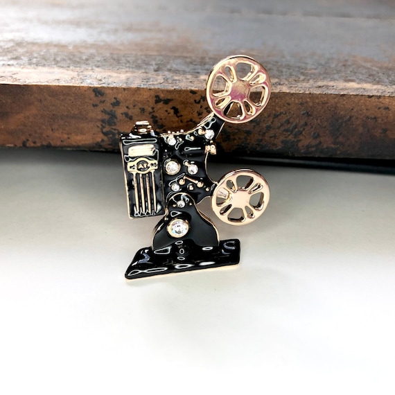 Gold-tone Black Enamel Rhinestone Vintage Movie Projector Reel to Reel Film  Brooch Pin Jewelry Film Lover Gift Idea A1523 -  Finland