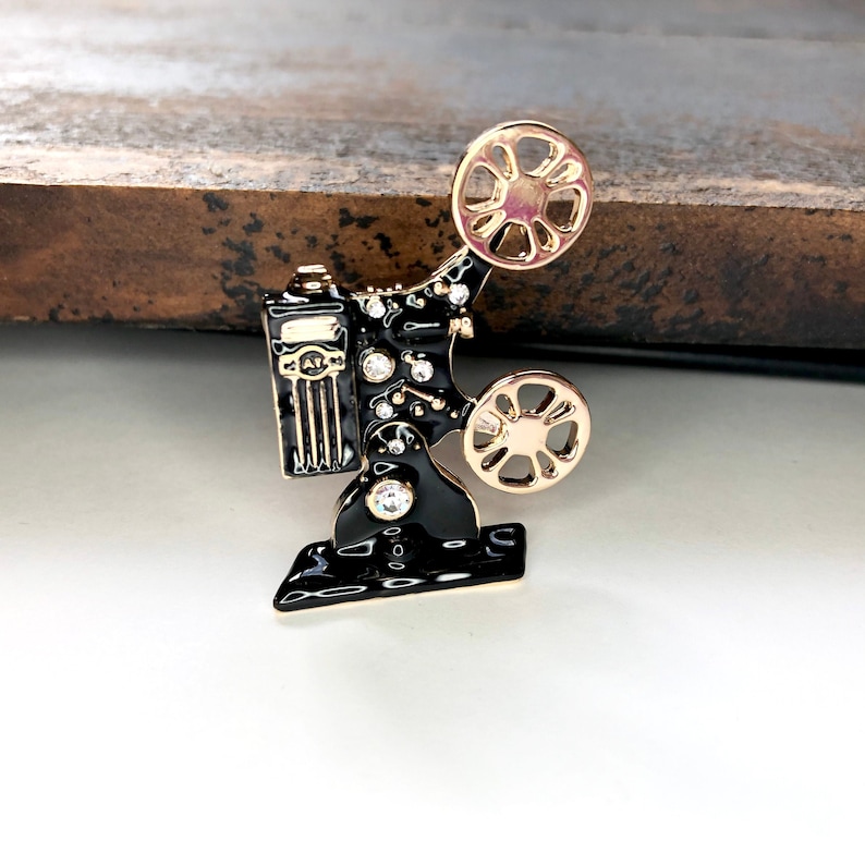 Gold-tone Black Enamel Rhinestone Vintage Movie Projector Reel to Reel Film Brooch Pin Jewelry Film lover gift idea A1523 image 1