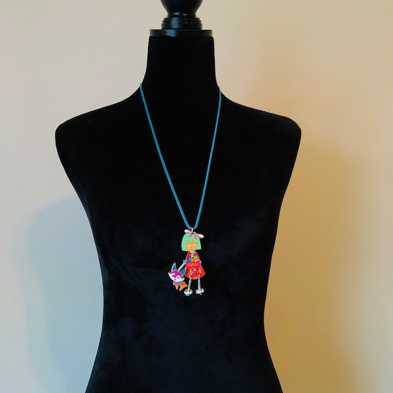 Oversize Artsy Green Hair Fashion Girl with Pet Fox Cartoon Statement Colorful Fun Kitsch Creative Artsy Thick Acrylic Statement Necklace