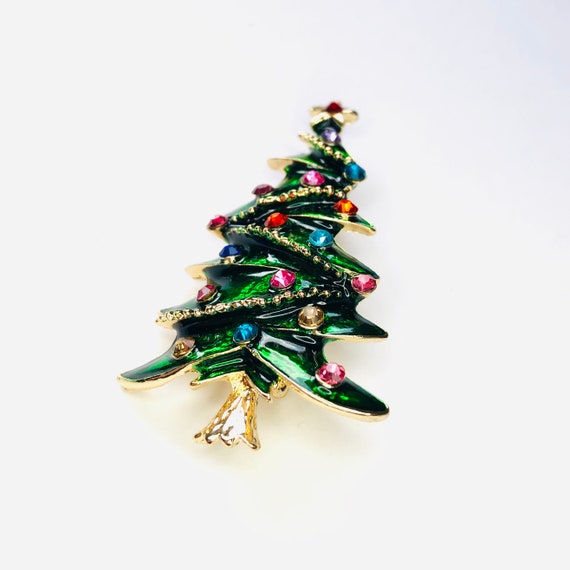 Green Enamel and Colorful Rhinestone Christmas Ho… - image 3