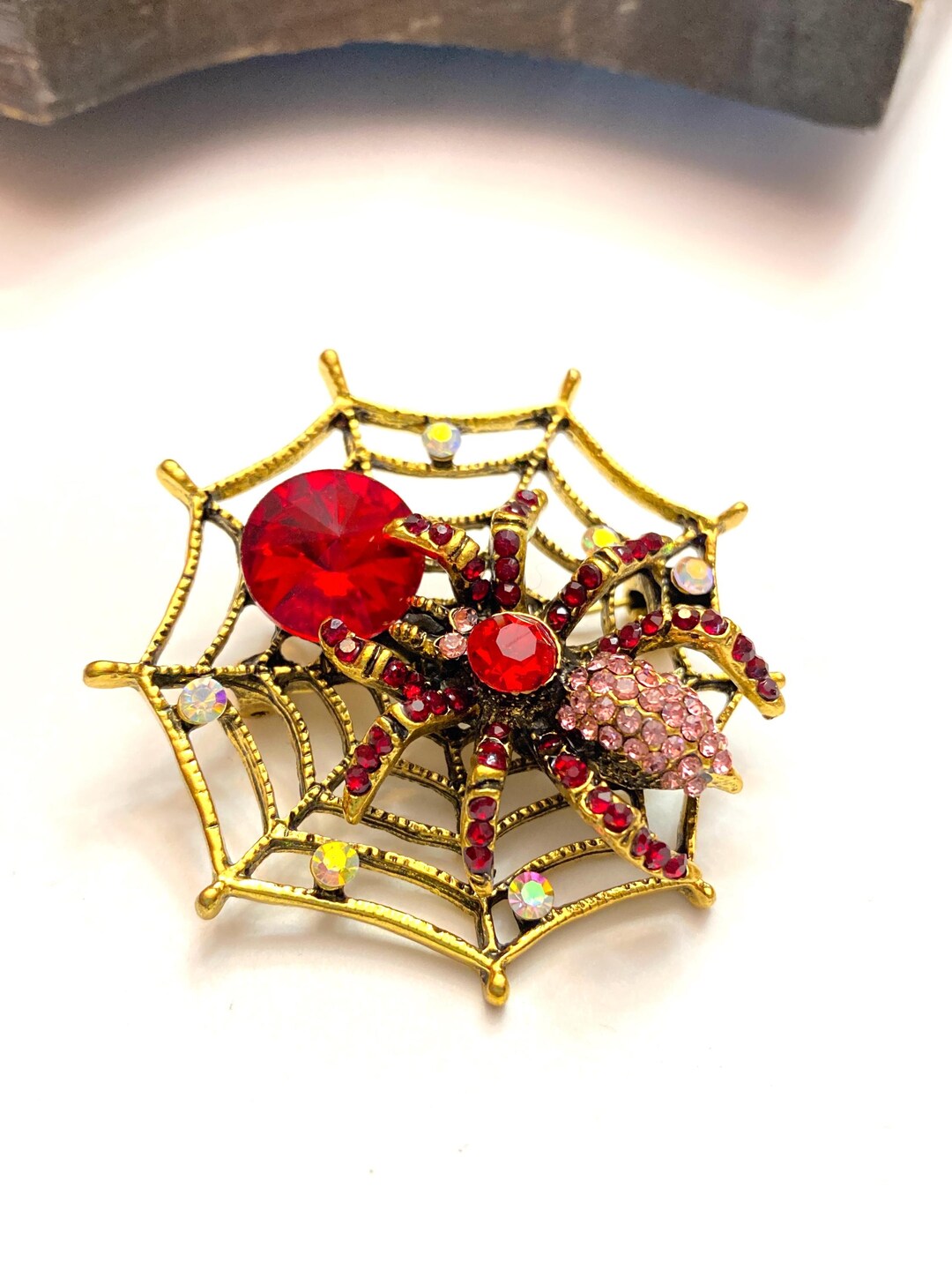 Rhinestone Red and Purple Spider on Spiderweb Web Pin Brooch/pendant ...