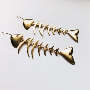 Large Gold-tone Fish Bone Earrings Dangle Drop Fish Skeleton Beach Sand Sun Summer Jewelry A1099 image 3