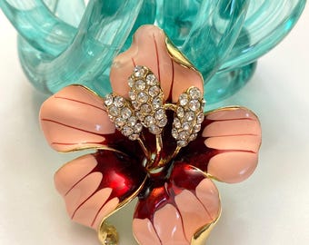 Pink Hawaiian Hibiscus Rhinestone Flower Floral Brooch Lapel