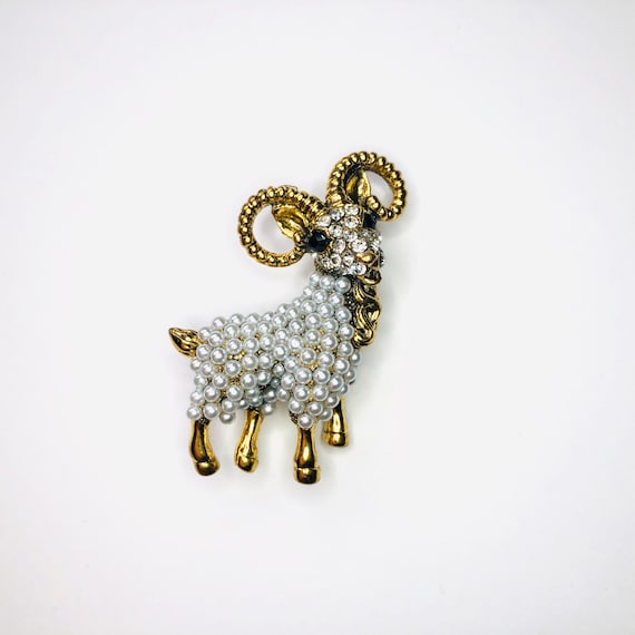 Unique Gold Faux Pearls & Rhinestone Goat Ram Ani… - image 1