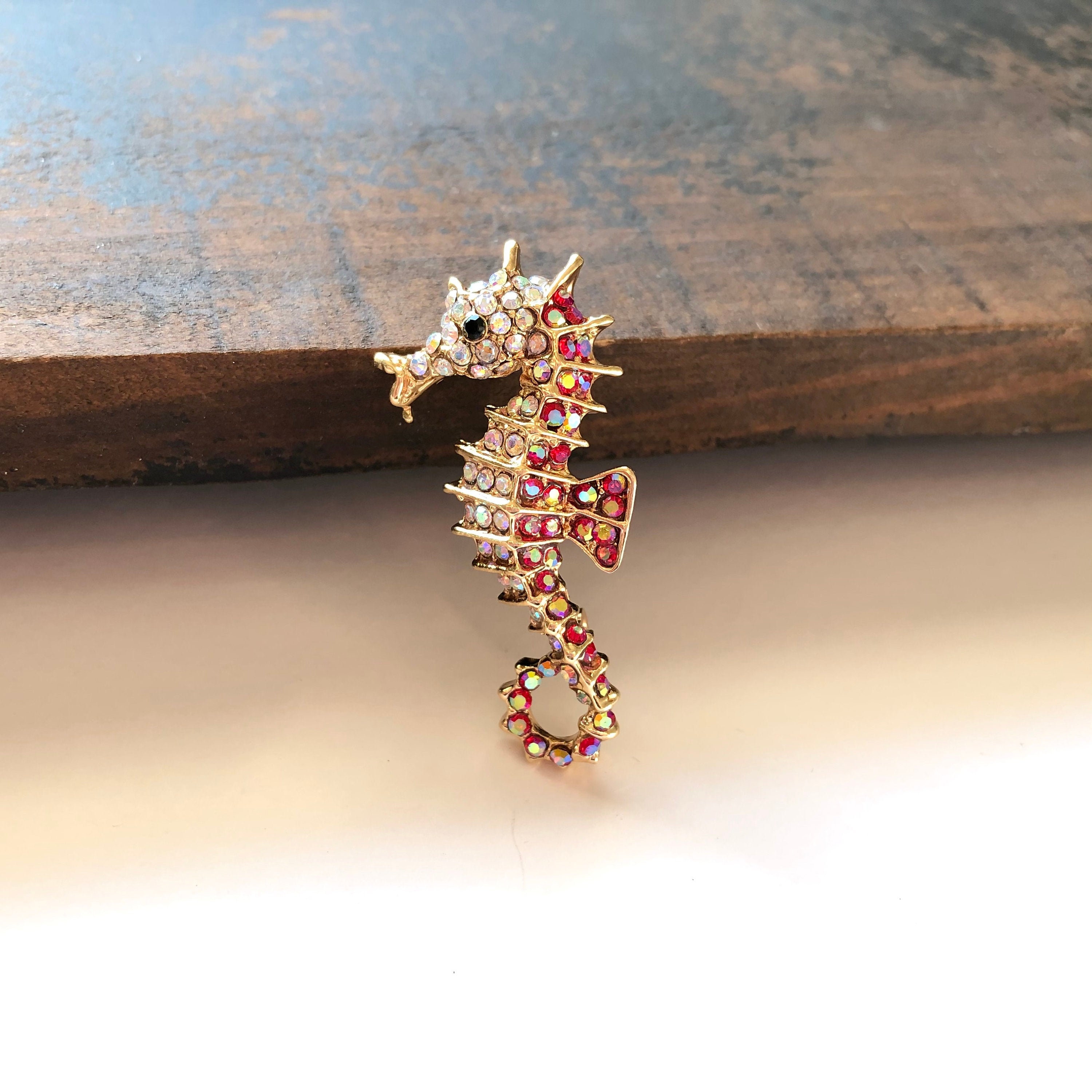 Adorable Super Sparkly White & Red Rainbow Rhinestone Sea Horse