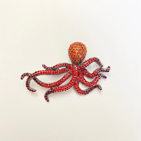 Oversize Large Statement Red and Orange Rhinestone Octopus Sea Creature Seaside Beach Ocean Brooch Pin Jewelry A1918