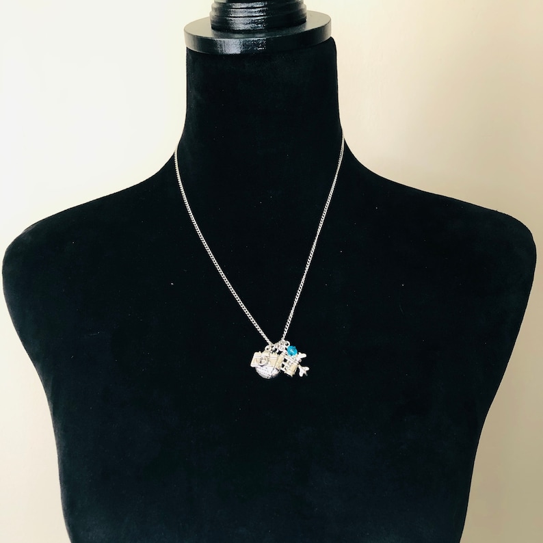 Blue Crystal Charms Globe Camera Personalized Silver-tone Airplane Binoculars Initial Necklace Custom Charm Travel Lover Gift A1606