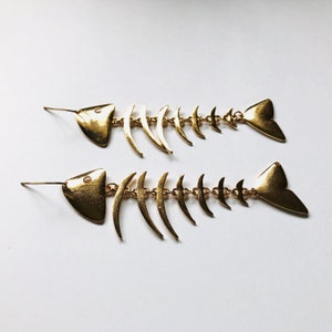 Large Gold-tone Fish Bone Earrings Dangle Drop Fish Skeleton Beach Sand Sun Summer Jewelry A1099 image 2