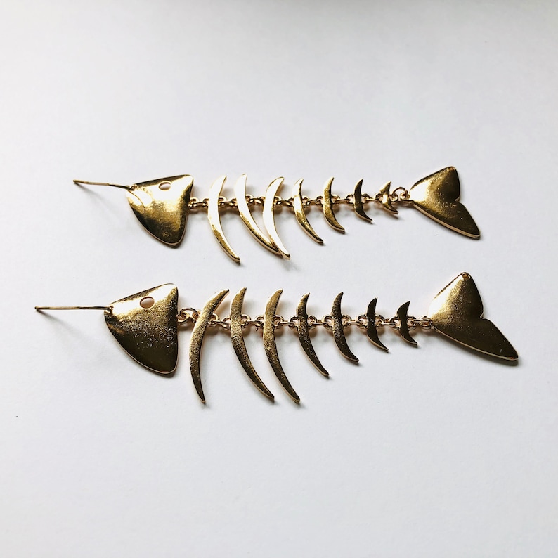 Large Gold-tone Fish Bone Earrings Dangle Drop Fish Skeleton Beach Sand Sun Summer Jewelry A1099 image 2