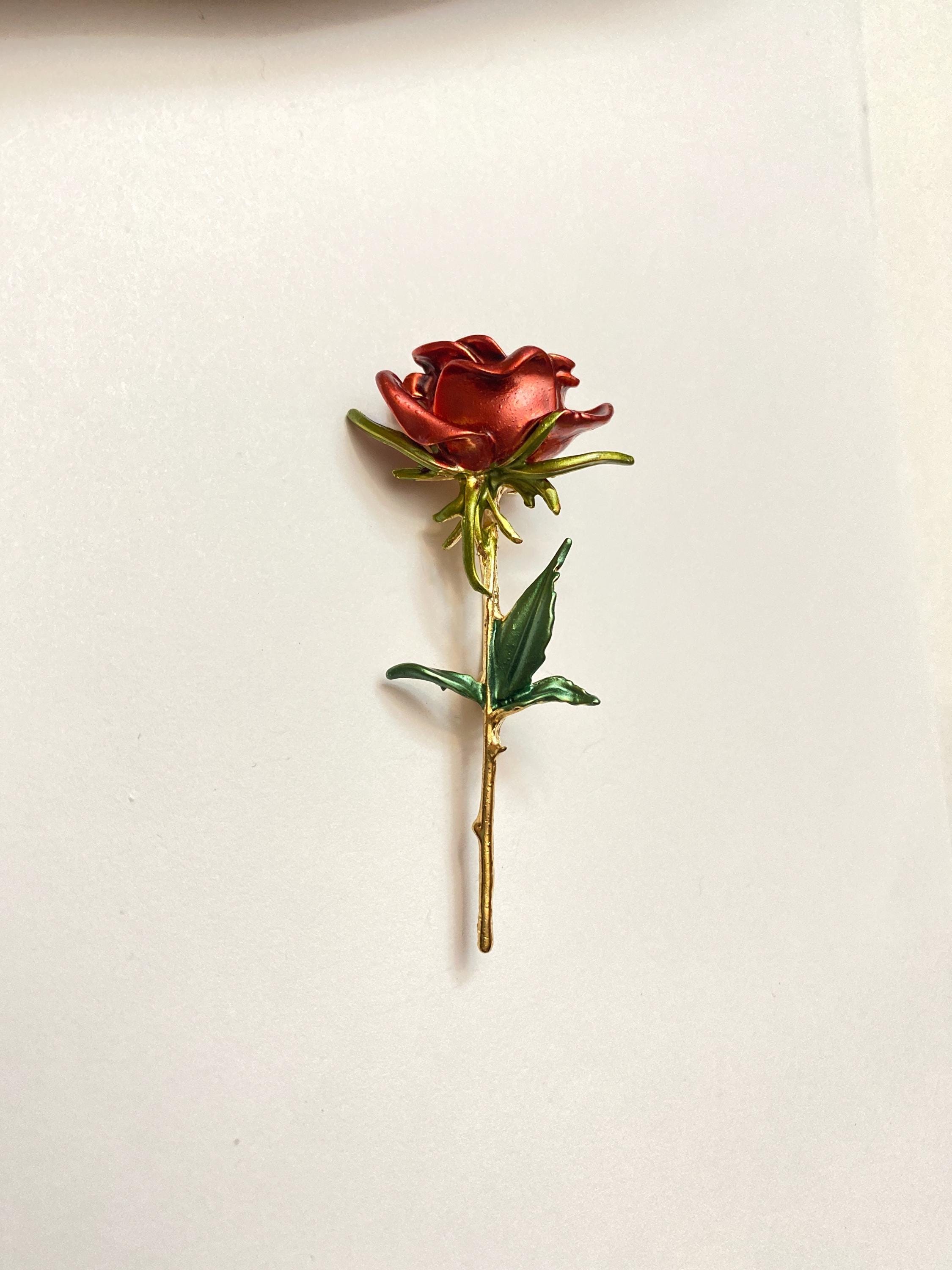 Red Single Stem Rose Flower Brooch Lapel Pin Jewelry Symbol of Love Romance Passion Valentine's Day Gift A2276