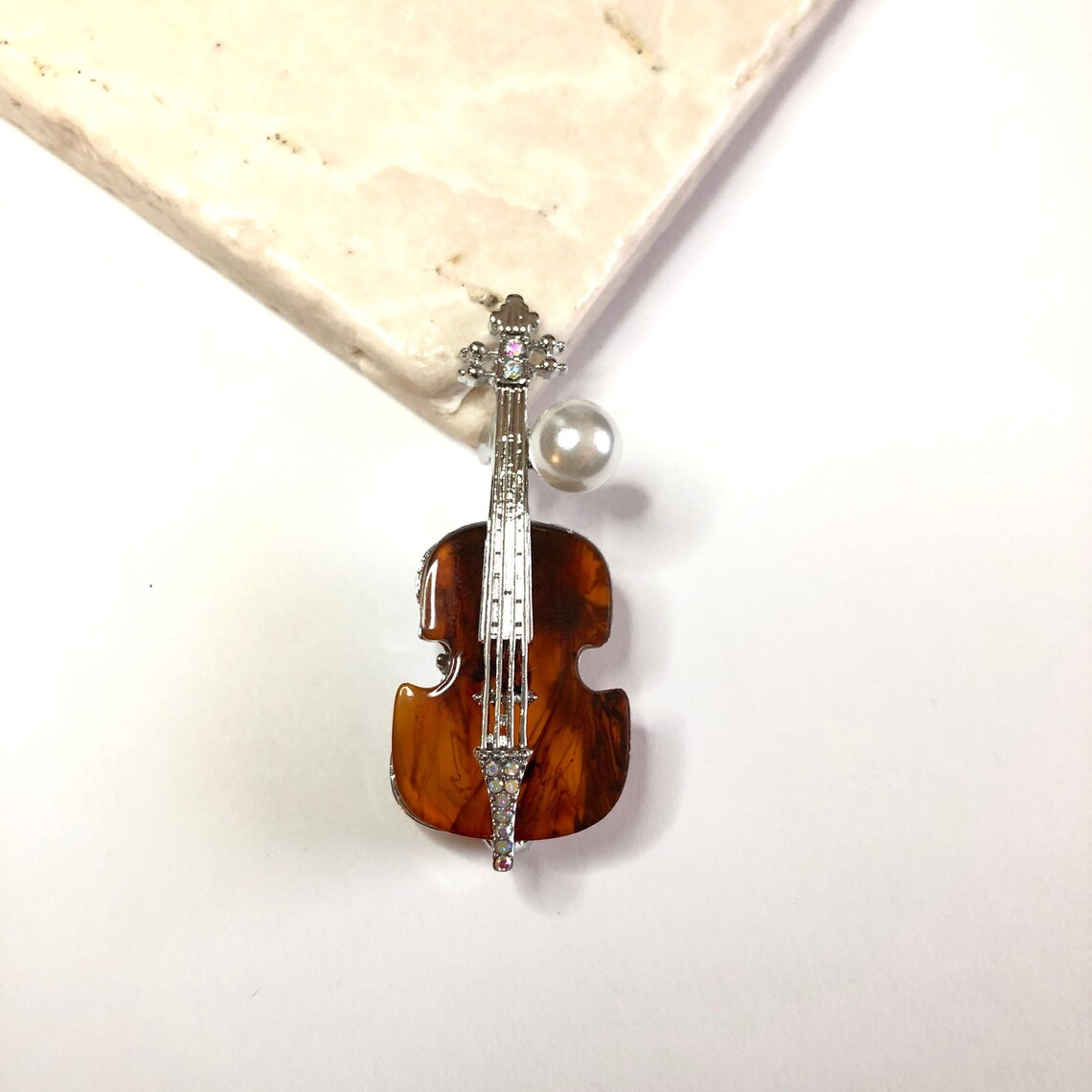 Silvertone Acrylic Resin Rhinestone Violin With Strings and Etsy