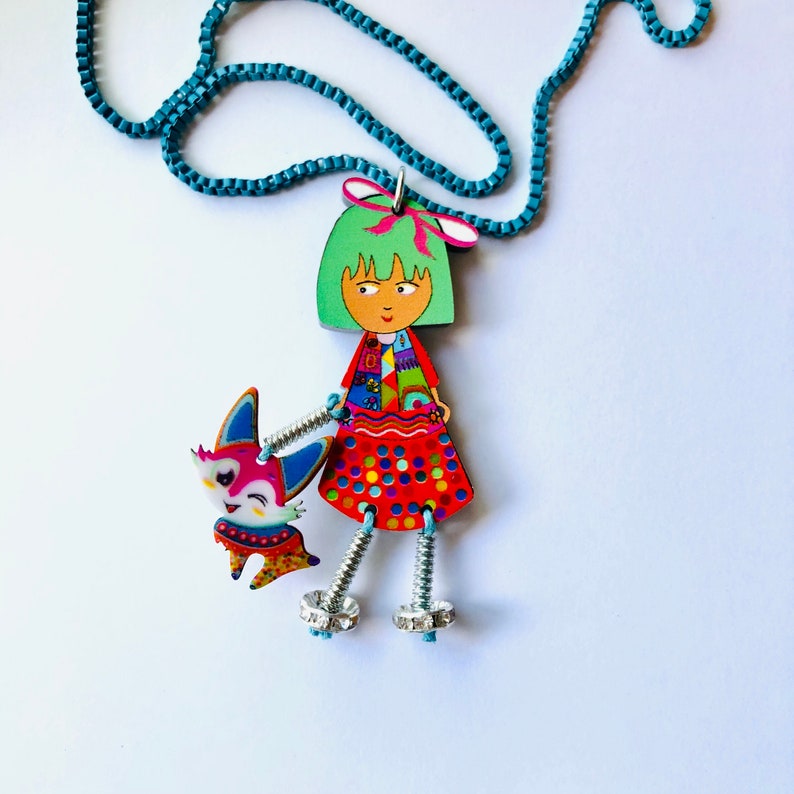 Oversize Artsy Green Hair Fashion Girl with Pet Fox Cartoon Statement Colorful Fun Kitsch Creative Artsy Thick Acrylic Statement Necklace