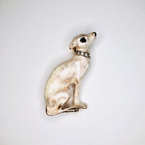 White Enamel Whippet Greyhound Puppy with Rhinestone Collar Lapel Pin Brooch Jewelry Gift A452