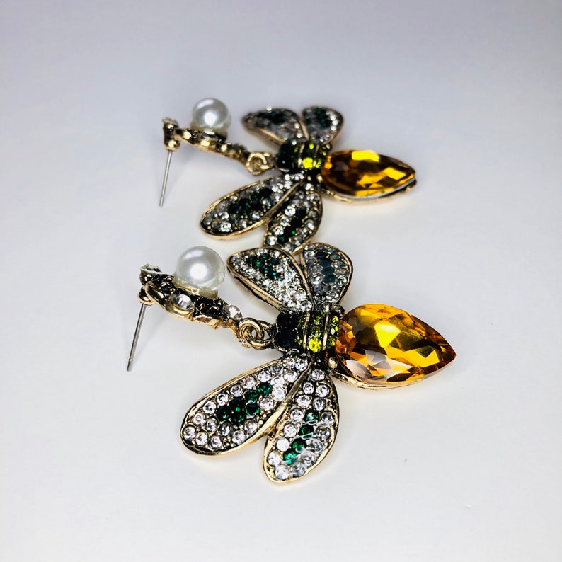 Cute Yellow Crystal Faux Pearl Bee Rhinestones Dangle Drop Statement Stud Post Earrings Jewelry Gift A1422