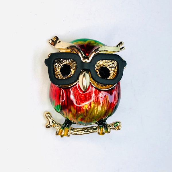 Colorful Enamel Owl with Black Glasses Smart Bird Brooch Pin Owl Lover Book Lover Gift Bird Lover Gift for Her Nerd Nerdy Gift A739