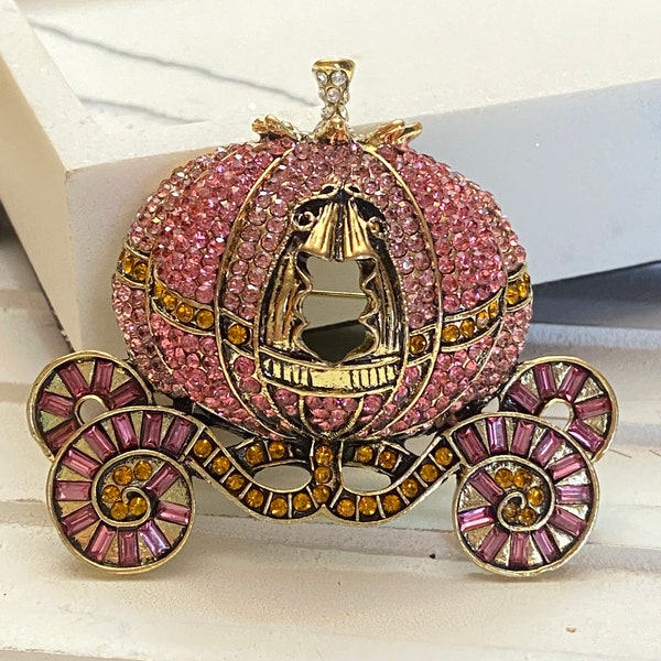 BROOCH Pink Rhinestone Princess Queen Carriage Oversize Large Statement Lapel Pin Jewelry Magic Pumpkin Horse Drawn Gift for Mom A2048