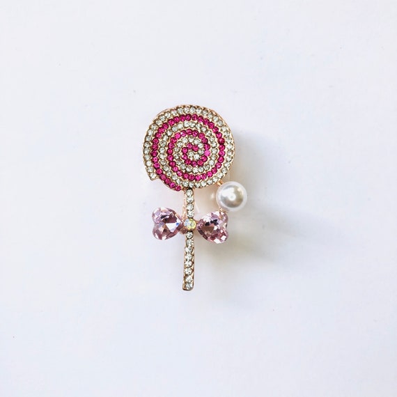Rose Gold-tone Pink Rhinestone Swirl Candy Lollip… - image 1