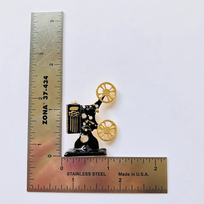 Gold-tone Black Enamel Rhinestone Vintage Movie Projector Reel to Reel Film Brooch Pin Jewelry Film lover gift idea A1523 image 4