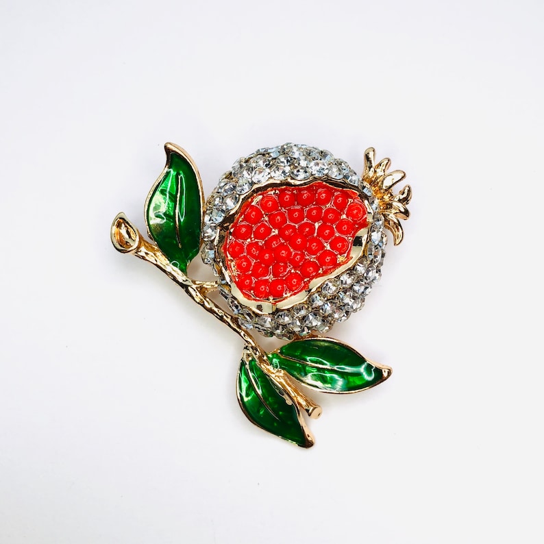 Enamel Red Pomegranate on Branch Fruits Rhinestone Brooch Pin Jewelry A596