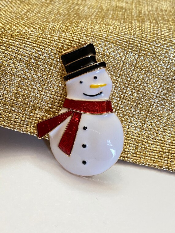 Gold-tone Adorable Happy Enamel Snowman with Red S