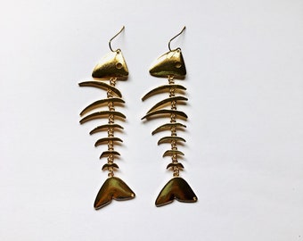 Large Gold-tone Fish Bone Earrings Dangle Drop Fish Skeleton Beach Sand Sun Summer Jewelry A1099