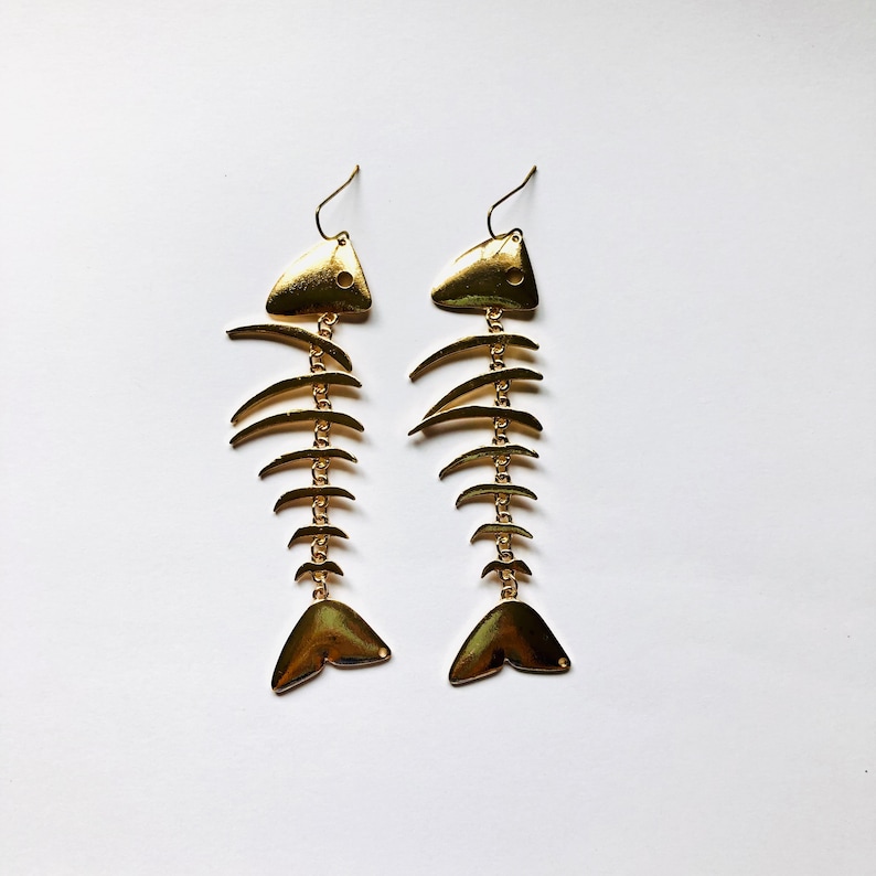 Large Gold-tone Fish Bone Earrings Dangle Drop Fish Skeleton Beach Sand Sun Summer Jewelry A1099 image 1