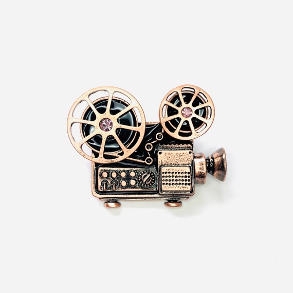 Copper-tone Enamel Rhinestone Vintage Movie Projector Reel to Reel Film  Brooch Pin Jewelry Film Lover Gift Oscars A1608 