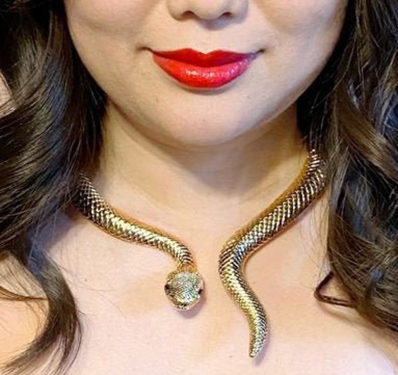Goldtone Snake Serpent Oversize Statement Halloween Costume Necklace Choker Collar Necklace Jewelry A315 