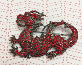 Large Statement Red Rhinestone Dragon Brooch Pin Chinese New Year Fairy Tale Good Luck Jewelry A139