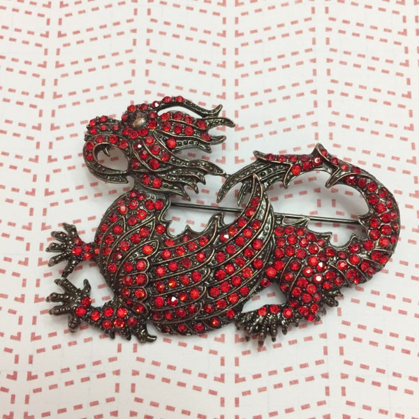 Large Statement Red Rhinestone Dragon Brooch Pin Chinese New Year Fairy Tale Good Luck Jewelry A139