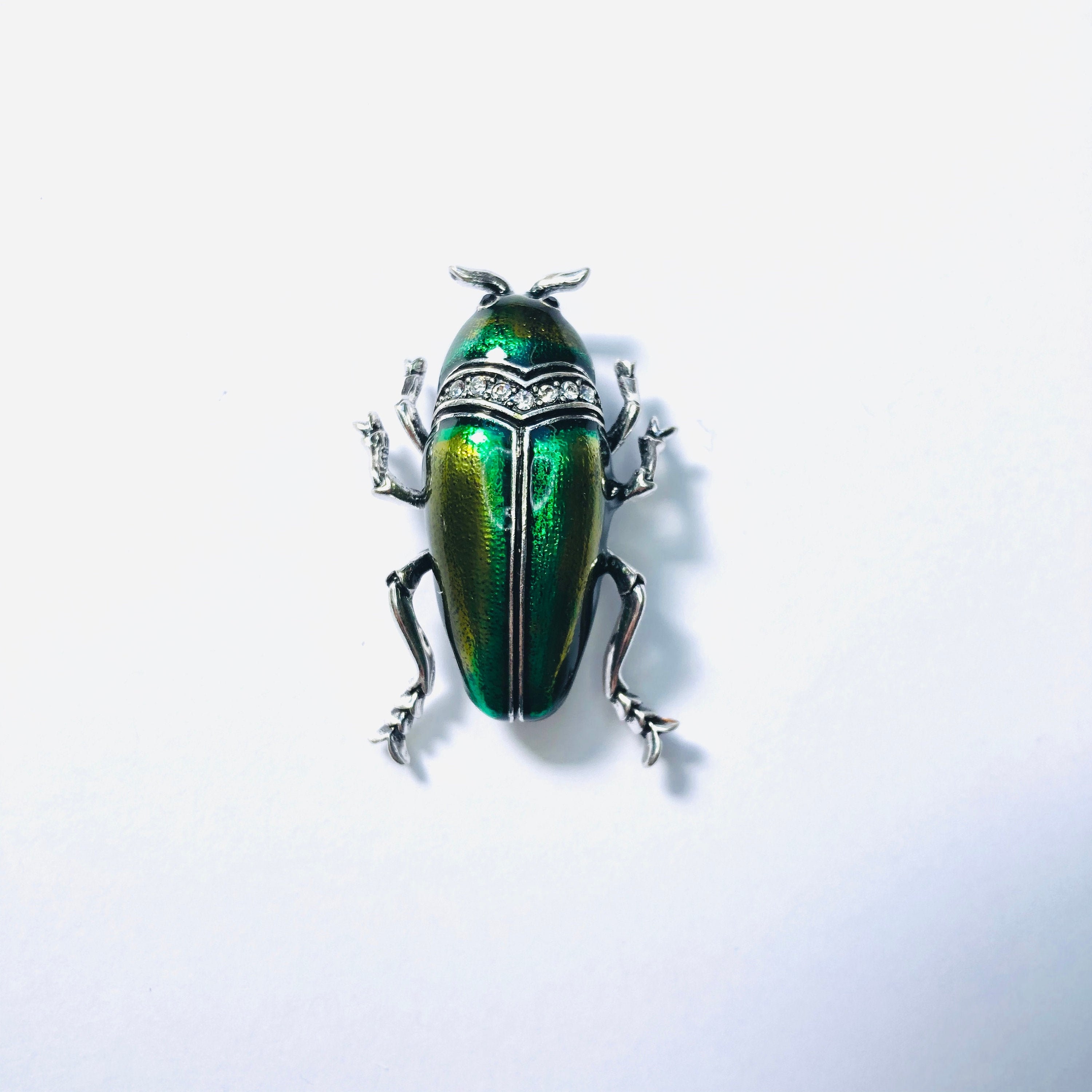 Silver-tone Unique Green & Yellow Enamel Rhinestone Beetle Insects Brooch Pin Bug Lover Gift A1586