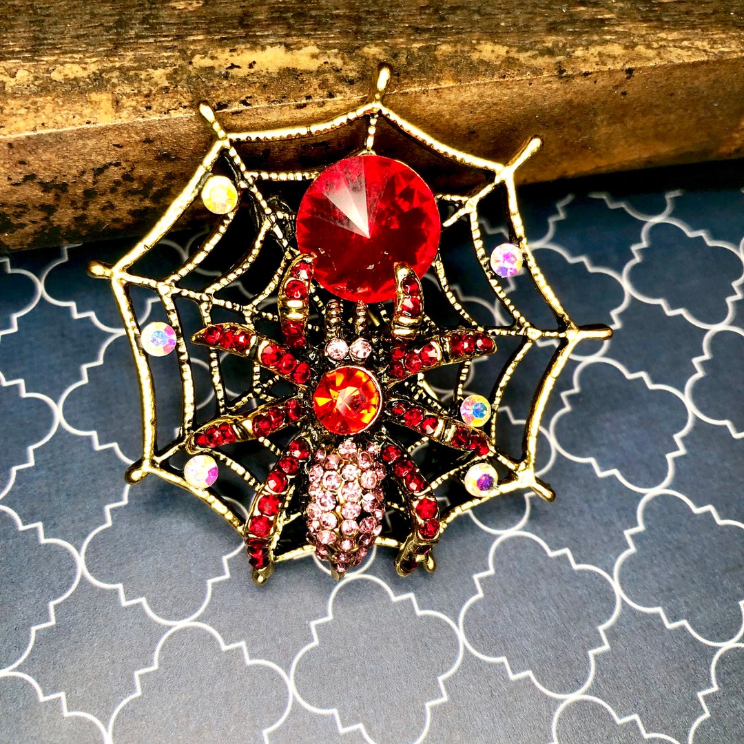 Rhinestone Red and Purple Spider on Spiderweb Web Pin Brooch/pendant ...